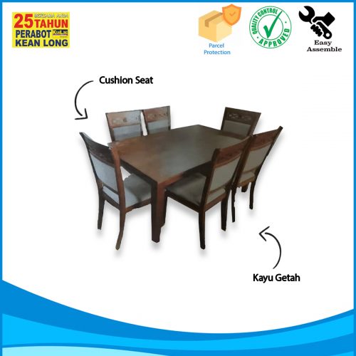 ABC Rubber Wood Dining Set/ Meja Makan Set 6 Kerusi/ Fabric Cushion - Image 3